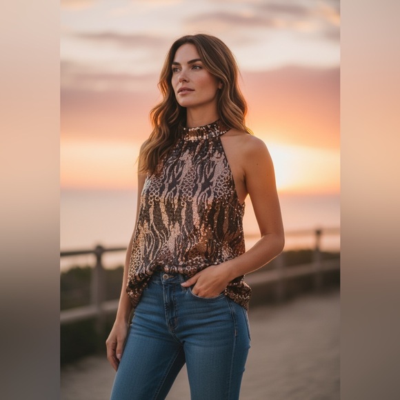 Cable & Gauge Black & Copper Tiger Striped Sequin Halter Top - Picture 1 of 8